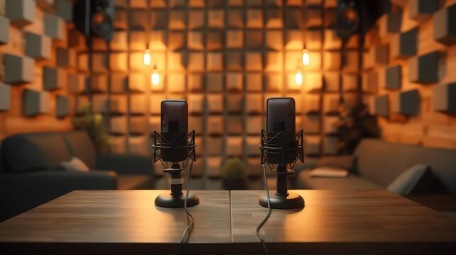 Cozy Podcast Studio with Warm Lighting and Acoustic Panels
