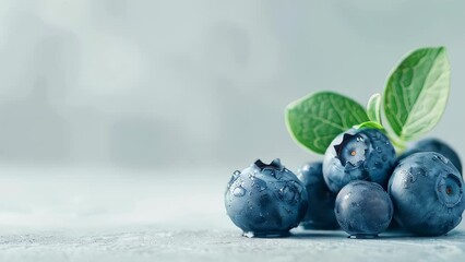 Wall Mural - Fresh blueberries with leaves on light background