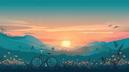 Wall Mural - World bicycle day concept International holiday june 3, bicycle with sunset scenery landscape background, banner, card, poster with text space