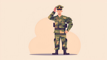 Army soldier, men , in camouflage combat uniform saluting. Cute flat cartoon style. Army or soldier character vector. Soldier keeps watch on guard. Rangers on border. 