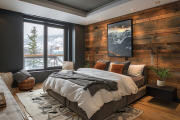 Poster - Cozy bedroom with wooden wall and scenic view