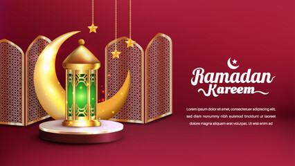 Wall Mural - Realistic Bakground Ramadan Kareem with podium, suitable for banner, greeting card or your business with Ramadan theme