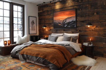 Poster - Cozy bedroom with wooden wall and scenic view