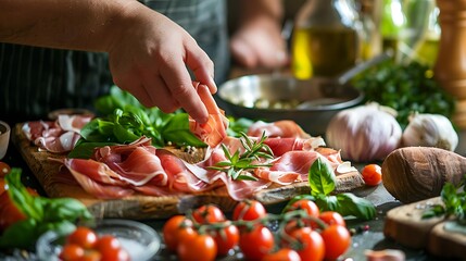A closeup of hands preparing an Italian antipasto with prosciutto, salad and vegetables on the table, in a kitchen setting. The focus is on the person's hand holding fresh ingredients near to a bowl