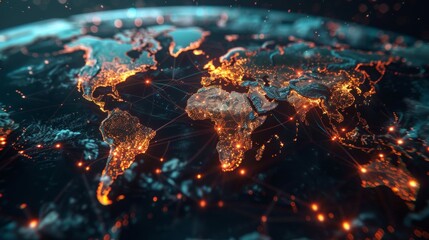 Wall Mural - a pixelated world map with chunky continents, glowing nodes representing major data hubs, pulsating 