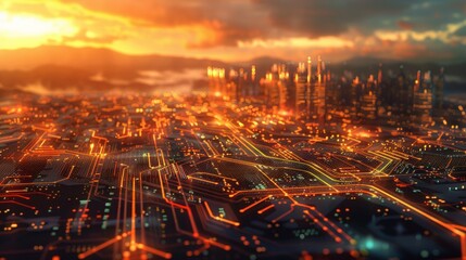 Wall Mural - a vast, abstract circuit board landscape, pulses of energy flowing along pathways, with imposing fir