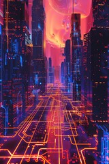 Wall Mural - a vast, abstract circuit board landscape, pulses of energy flowing along pathways, with imposing fir