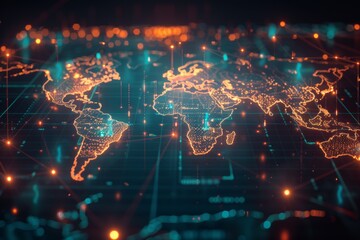 Wall Mural - a global map with pulsating beams of light representing major data arteries, converging on cloud hub