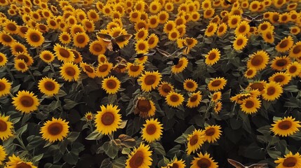 Wall Mural - Aerial view of a sunflower field with a flock of birds taking flight, creating a dynamic contrast against the yellow blooms