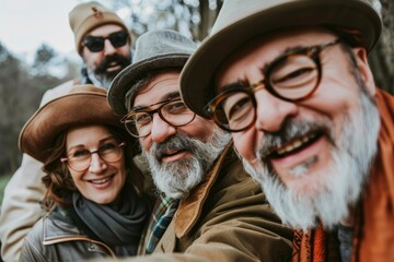 Wall Mural - Three senior friends in hat and glasses having fun together in the park.