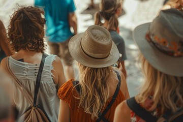 Wall Mural - back view of young woman in hat and orange dress with friends on background