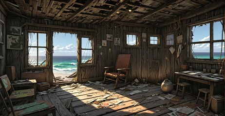 Wall Mural - abandoned shack hut interior on beach ocean coast in summer. old wood house cabin by sea and water waves.