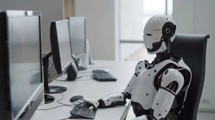 humanoid robot working in front of a computer, white minimalist background, Ai generated Images