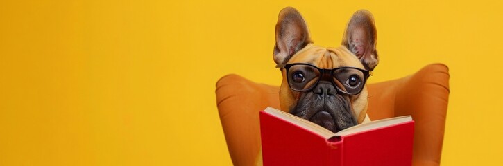 funny dog with glasses and a book sitting  in armchair on a light background. World Book Day. cute character for promotional products, banners, posters, postcards. A horizontal banner with copy space.