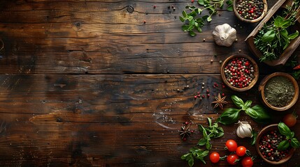 Abstract background with a wooden table and various spices in a rustic style on an old wood texture, top view, flat lay, copy space concept design for a banner, poster or presentation of cooking