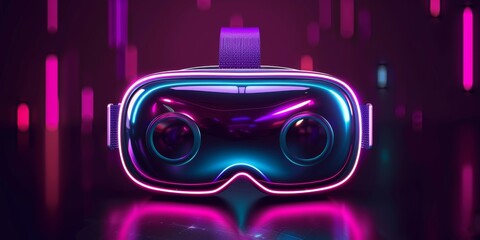 a virtual reality headset with a purple strap is on a table.