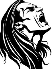Wall Mural - A man with long hair is screaming. The image is black and white. The man's hair is long and flowing, and his mouth is open in a loud scream. Scene is intense and dramatic