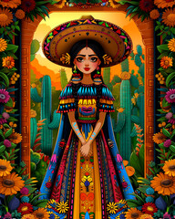 Wall Mural - A girl wearing a sombrero and colorful dress stands in front of a desert landscape. The image is a colorful and vibrant representation of Mexican culture