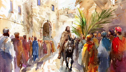 Jesus entering in Jerusalem on a donkey watercolor