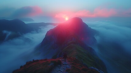 Wall Mural - Aerial shot from a drone over a mountain range at dawn, showcasing misty valleys and illuminated peaks. Realistic and minimalist with soft hues, emphasizing the tranquility and majesty of nature