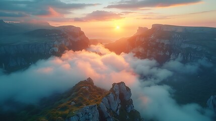 Wall Mural - Aerial shot from a drone over mountains at dawn, with mist-filled valleys and glowing peaks. Realistic and minimalist with subtle colors and clean lines, capturing the serene and majestic scenery
