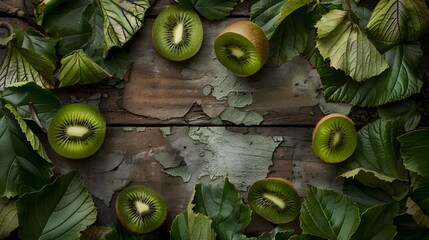 Canvas Print - Fresh kiwi and green leaves on the table. Rustic style. Fruits. Top view. Free space for text. 