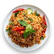 © chanidapa - Top view of flavorful Indonesian fried rice with vegetables and chili, isolated on white