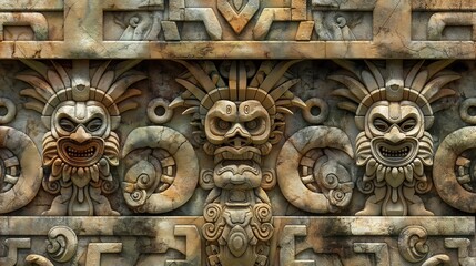 Poster - A close-up shot of an ancient stone carving with three intricately detailed masks and decorative designs