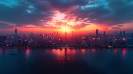 Wall Mural - Drone capturing a cityscape at sunset, with high-rise buildings, busy streets, and the soft glow of city lights. Minimalist approach with realistic details, emphasizing the tranquility 