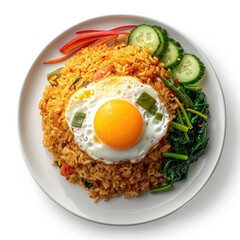 Wall Mural - Top view of traditional Indonesian fried rice with egg and greens, isolated on white