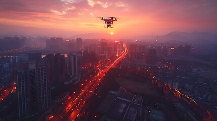 Wall Mural - Drone flying over a cityscape at sunset, showcasing tall buildings, busy streets, and the transition from daylight to night. Minimalist style with realistic lighting and textures