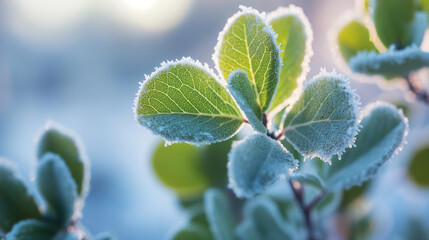 Poster - Green leaves covered in frost showing beauty of nature during winter