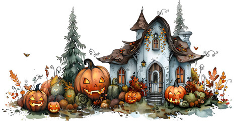 Wall Mural - A house with a white roof and a porch is surrounded by pumpkins and trees