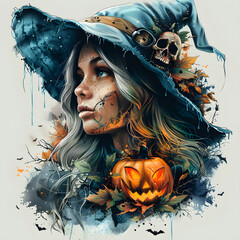Wall Mural - A woman with a blue hat and a pumpkin on her head