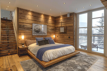 Poster - Cozy bedroom with wooden wall and scenic view