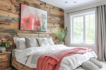 Poster - Cozy bedroom with wooden wall and scenic view