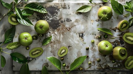 Canvas Print - Fresh kiwi and green leaves on the table. Rustic style. Fruits. Top view. Free space for text. 