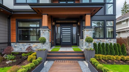 Wall Mural - stylish suburban home entrance with potted grass and wooden path modern exterior design architectural photography