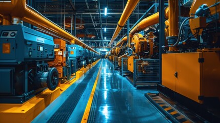 Wall Mural - A large industrial building with many yellow and orange machines
