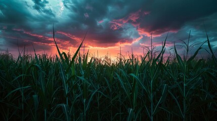 Wall Mural - sugarcane field at sunset with dramatic cloudy sky rural agricultural landscape nature photography