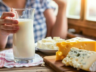 Bone health, showing a person drinking milk and eating cheese close up, strong bones, vibrant, overlay, breakfast table backdrop