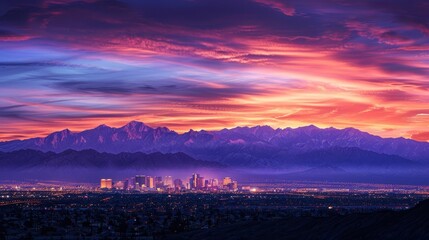 sunrise over las vegas panoramic view of illuminated skyline and mountains travel photography