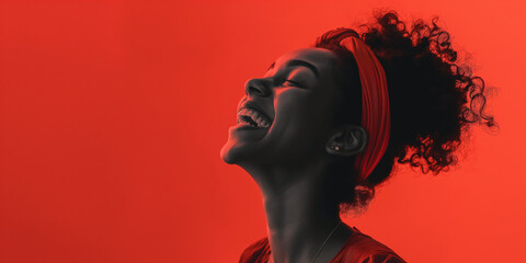 Joyful woman portrait on red background, a natural portrait of a woman expressing joyful