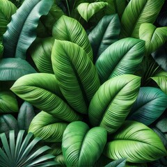 Canvas Print - AI generated illustration of a close-up view of tropical plants with lush, dark green leaves