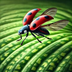 Wall Mural - AI generated illustration of a ladybug with open wings on a green leaf