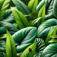 Wall Mural - AI generated illustration of lush green tropical leaves with a ladybug resting on one of the leaves.