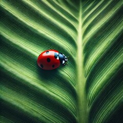 Poster - AI generated illustration of a vibrant red ladybug on a green leaf with detailed veins.