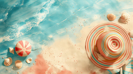 Wall Mural - A beach scene with a pink and white umbrella, a hat, and shells