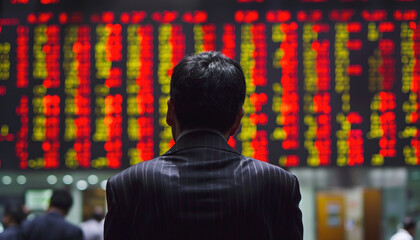 Wall Mural - a man observes a large electronic display filled with stock market data in red and yellow, likely mo