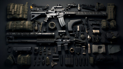 military items on a black background